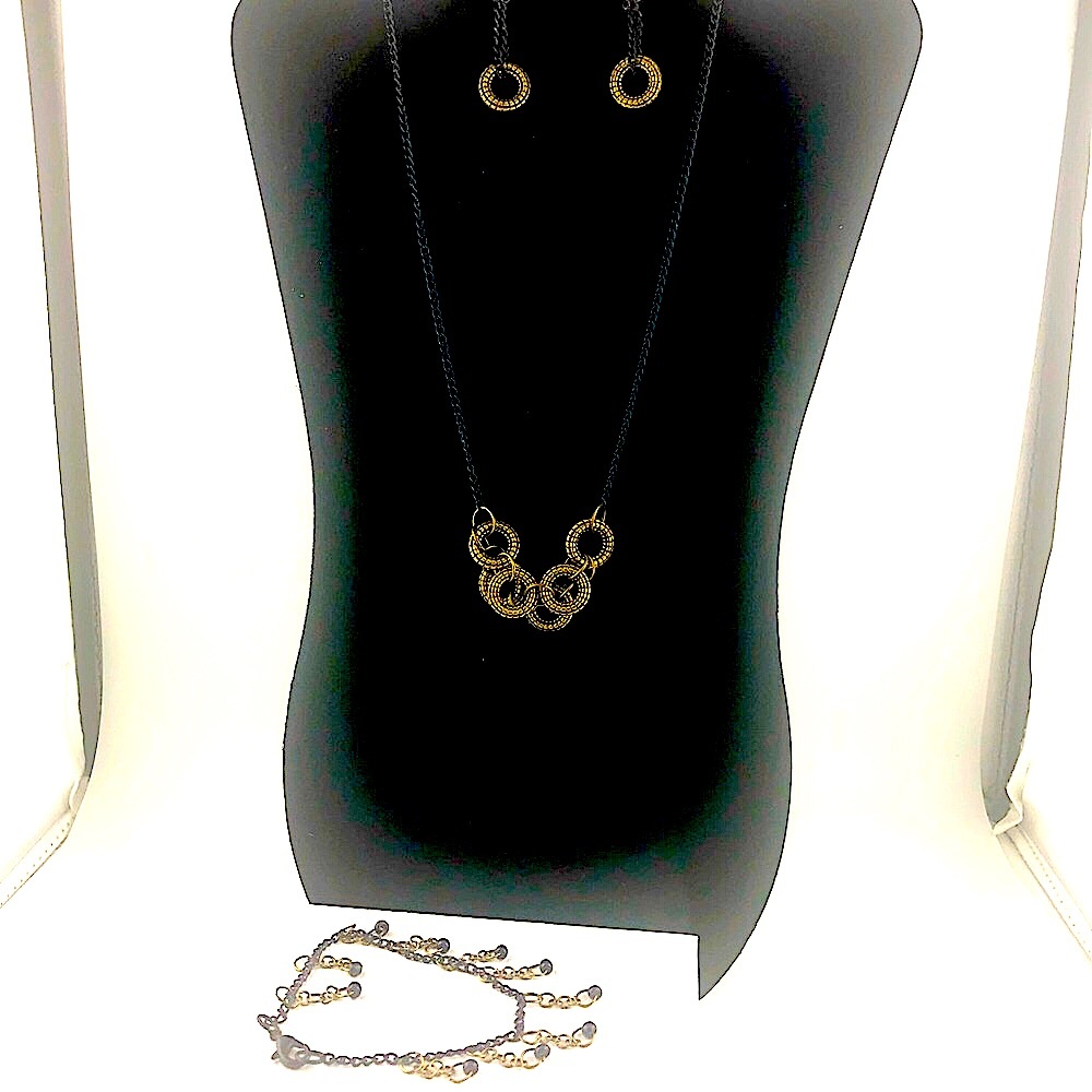 3 piece necklace, earrings, and bracelet set. Artichoke green and black
